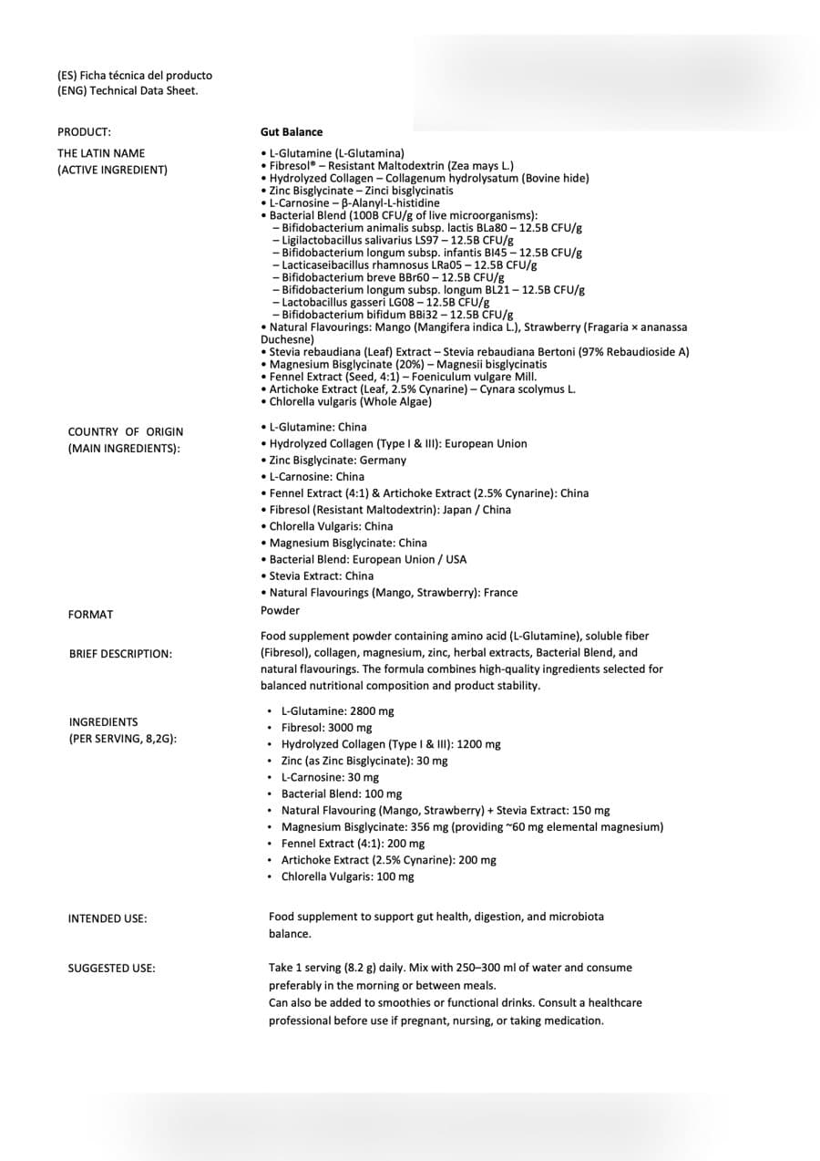 Ficha técnica de Gut Balance, con los datos del laboratorio desenfocados