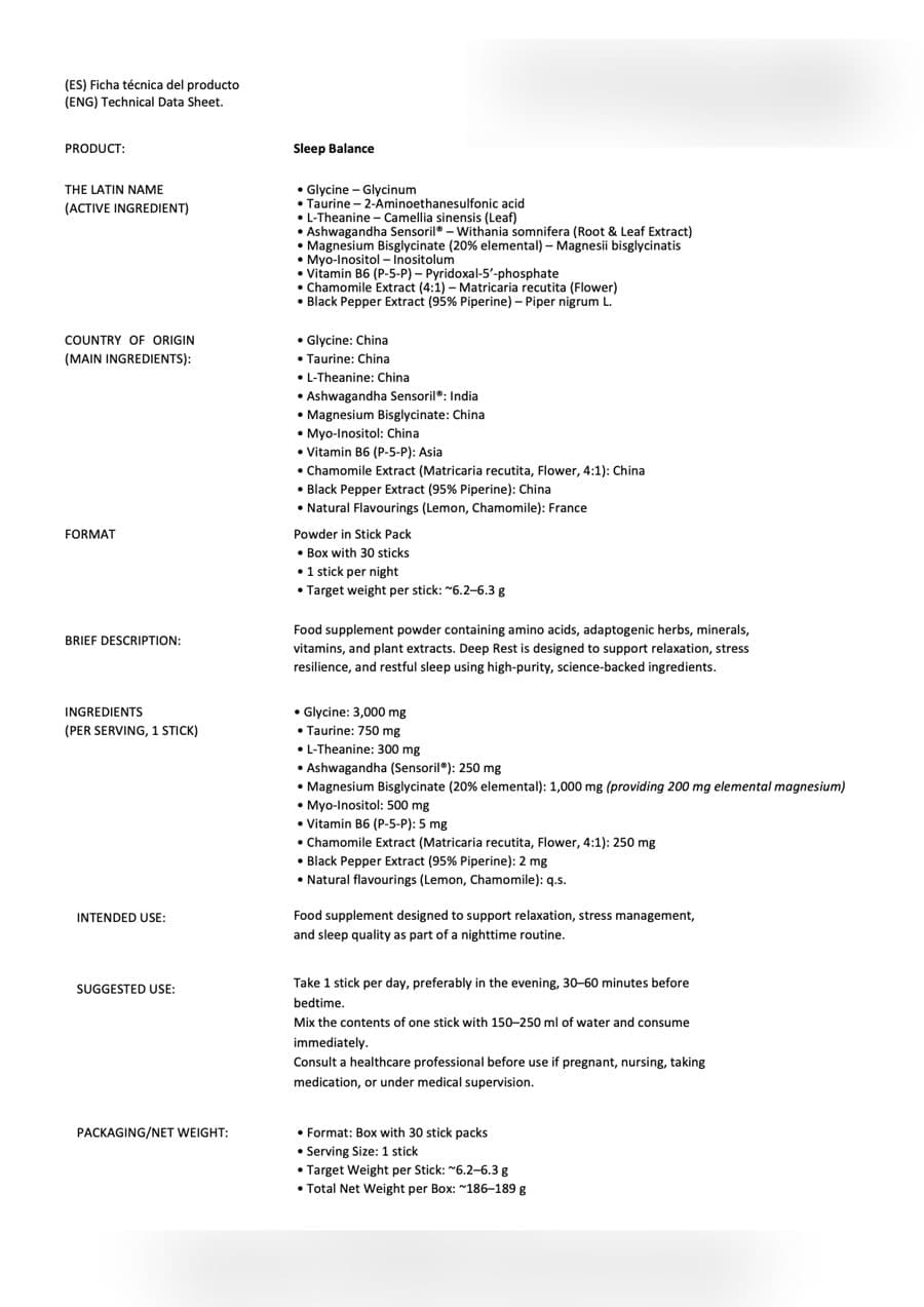 Ficha técnica de Sleep Balance, con los datos del laboratorio desenfocados